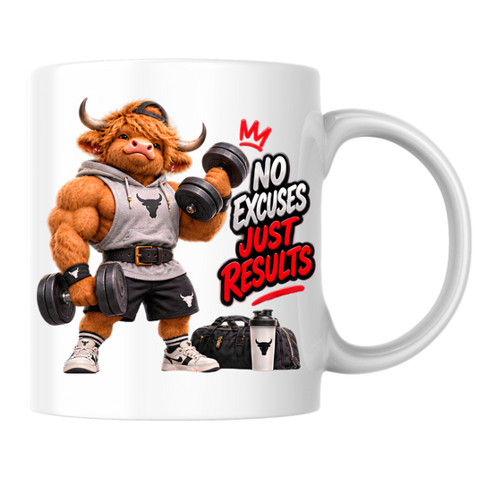 Gym Mug "No Excuses Just Results Muscular Highland Cow" No Excuses Just Results 325ml Ceramic Coffee Mug – Muscular Highland Cow Lifting Dumbbells In Hoodie Lifting Belt Gym Fitness Gift | Available in Multicolours | Fast Dispatch by UK Seller (M3273)