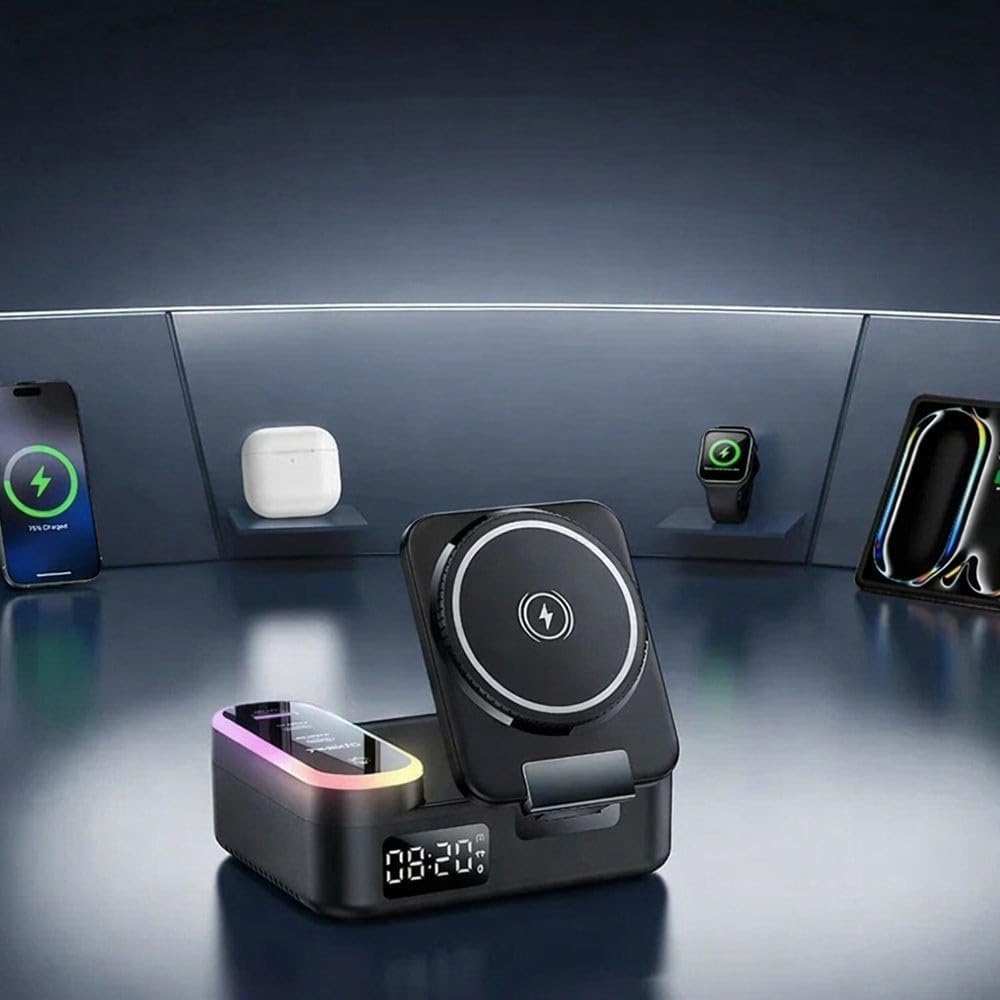8-in-1 Magnetic Wireless Charging Station | Fast Charger with Digital Clock & RGB Light