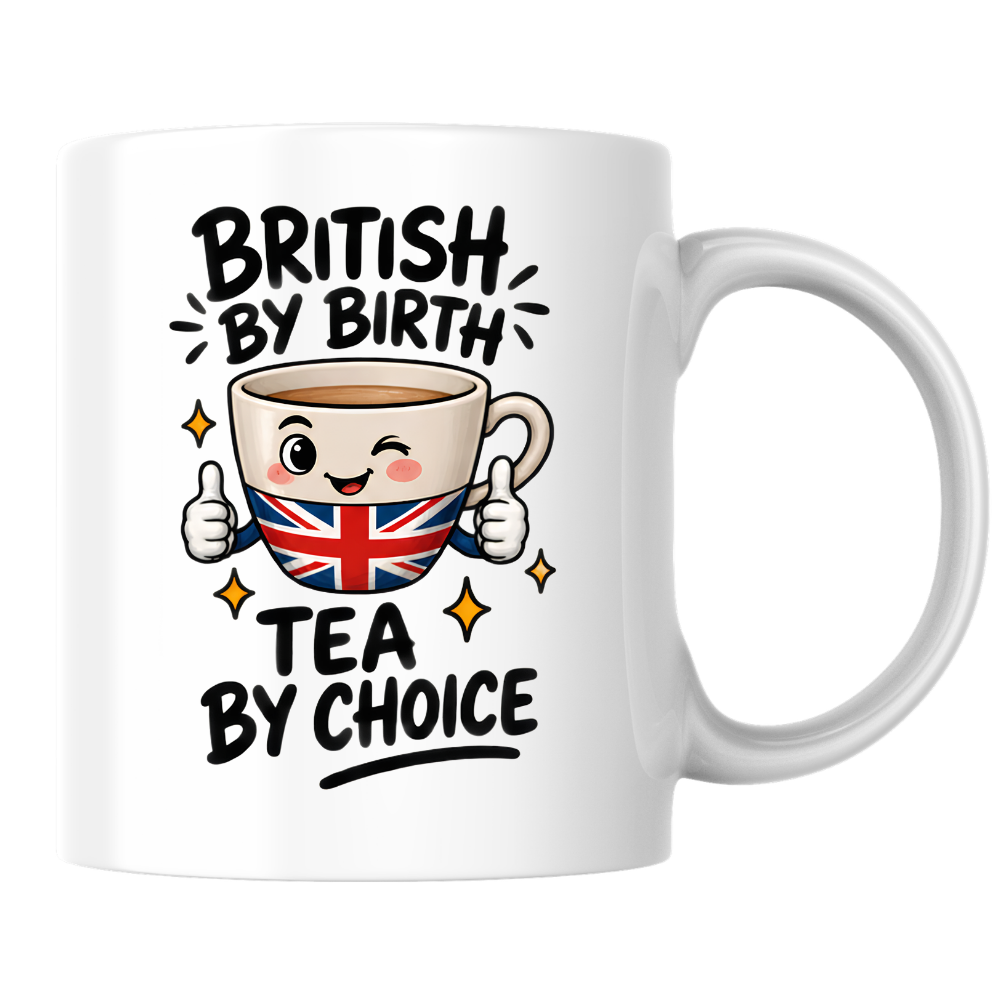 British Tea Mug "BRITISH BY BIRTH TEA BY CHOICE" Funny Tea Cup 325ml Ceramic Coffee Mug Witty Union Jack Tea Cup with Cartoon Character Gift | Available in Multicolours | Fast Dispatch by UK Seller (M3001)