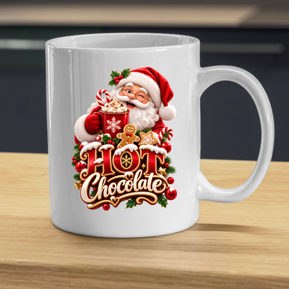 Christmas Mug "Hot Chocolate" Santa Claus Hot Chocolate 325ml Ceramic Coffee Mug – Jolly Winking Santa Holding Cocoa with Gingerbread Man, Candy Cane & Gold Typography | Festive Holiday Gift | Fast Dispatch by UK Seller (M3361)