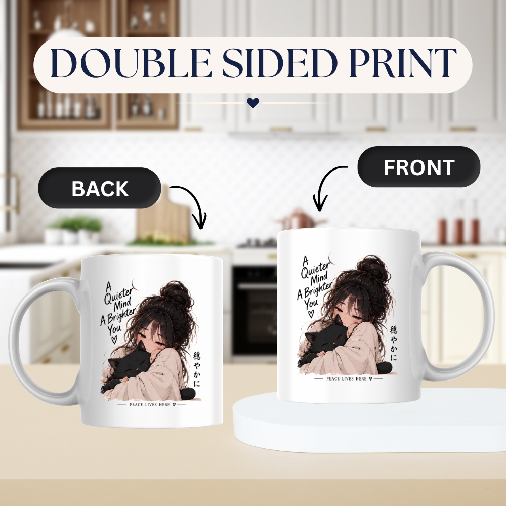 Inspirational Anime Girl & Black Cat Mug "A Quieter Mind A Brighter You" 325ml Ceramic Coffee Mug – Aesthetic Mindful Tea Cup with Japanese Kanji Graphic Gift | Available in Multicolours | Fast Dispatch by UK Seller (M3045)