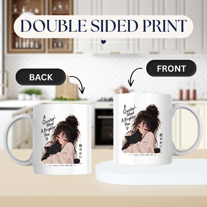 Inspirational Anime Girl & Black Cat Mug "A Quieter Mind A Brighter You" 325ml Ceramic Coffee Mug – Aesthetic Mindful Tea Cup with Japanese Kanji Graphic Gift | Available in Multicolours | Fast Dispatch by UK Seller (M3045)