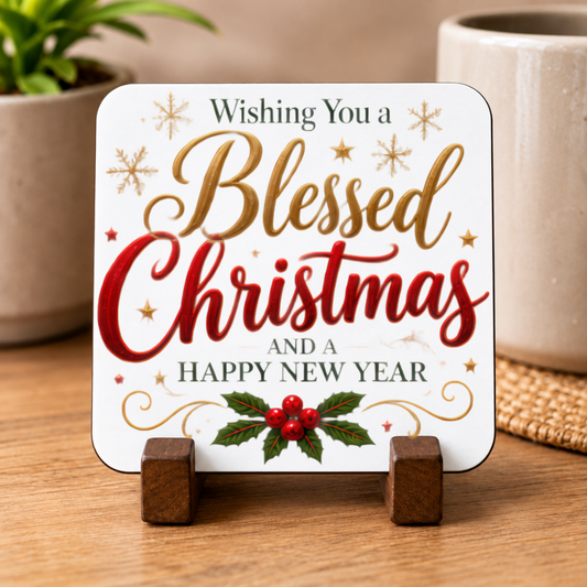 Festive Blessed Christmas Hardboard Coaster Slogan Graphic 9cm x 9cm Square Drinks Coaster “ Gold & Red Cursive Typography with Holly Berrie