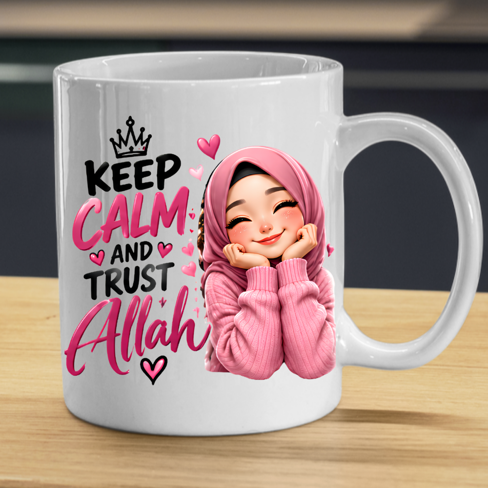 Islamic Mug "Keep Calm And Trust Allah" 325ml Ceramic Coffee Tea Cup – Pink Hijabi Girl Graphic, Hearts & Faith Slogan Novelty Gift for Muslim Women, Friends, Birthday – Fast Dispatch by UK Seller (M3505)