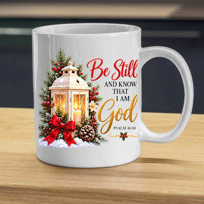 Religious Christmas Mug "Be Still And Know That I Am God" Be Still And Know That I Am God 325ml Ceramic Coffee Mug – Christian Scripture Mug with Psalm 46:10, Lantern & Pinecones | Religious Holiday Gift | Fast Dispatch by UK Seller (M3339)