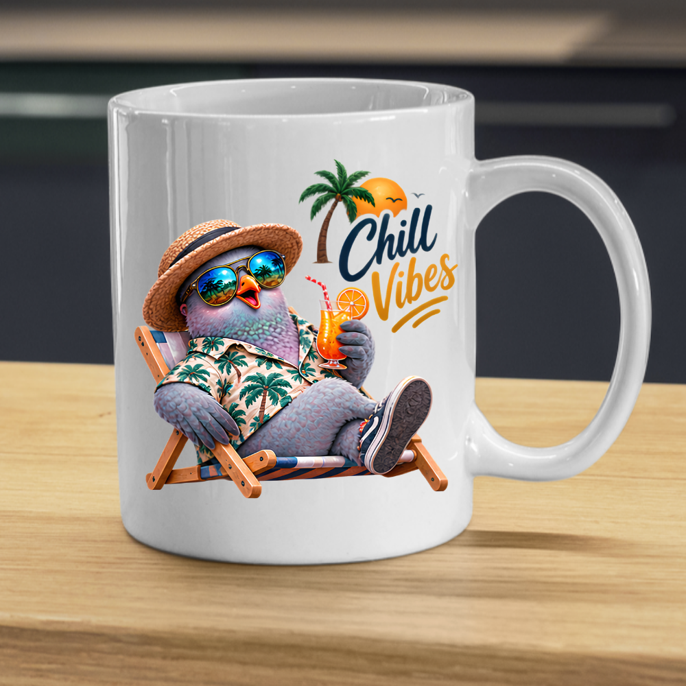 Summer Mug "Chill Vibes Cool Pigeon" 325ml Ceramic Coffee Mug – Relaxing Pigeon in Hawaiian Shirt, Straw Hat & Sunglasses on Beach Chair Funny Summer Mug Gift For Friends Vacation Lovers | Available in Multicolours | Fast Dispatch by UK Seller (M3242)
