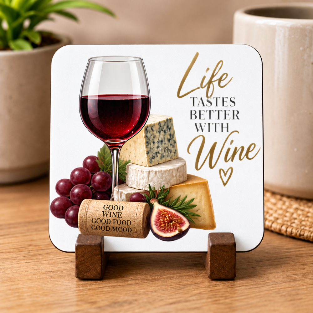 Elegant Wine & Cheese Hardboard Coaster "Life Tastes Better With Wine" Graphic 9cm x 9cm Square Drinks Coaster – Red Wine Glass with Gourmet Cheese Stack,Figs Novelty Mat | Elegant Glossy Gift for Foodies & Wine Lovers | Fast Dispatch by UK Seller (C3016)