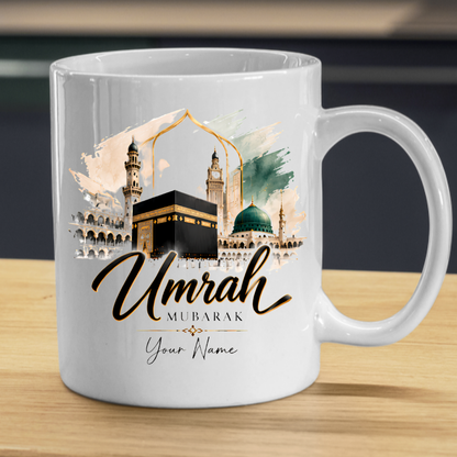 Personalised Umrah Mubarak Mug 325ml Ceramic Coffee Tea Cup – Custom Name, Holy Kaaba, Green Dome & Watercolor Architecture Religious Pilgrimage Gift for Family, Friends, Hajj Celebration – Fast Dispatch by UK Seller (M3486)