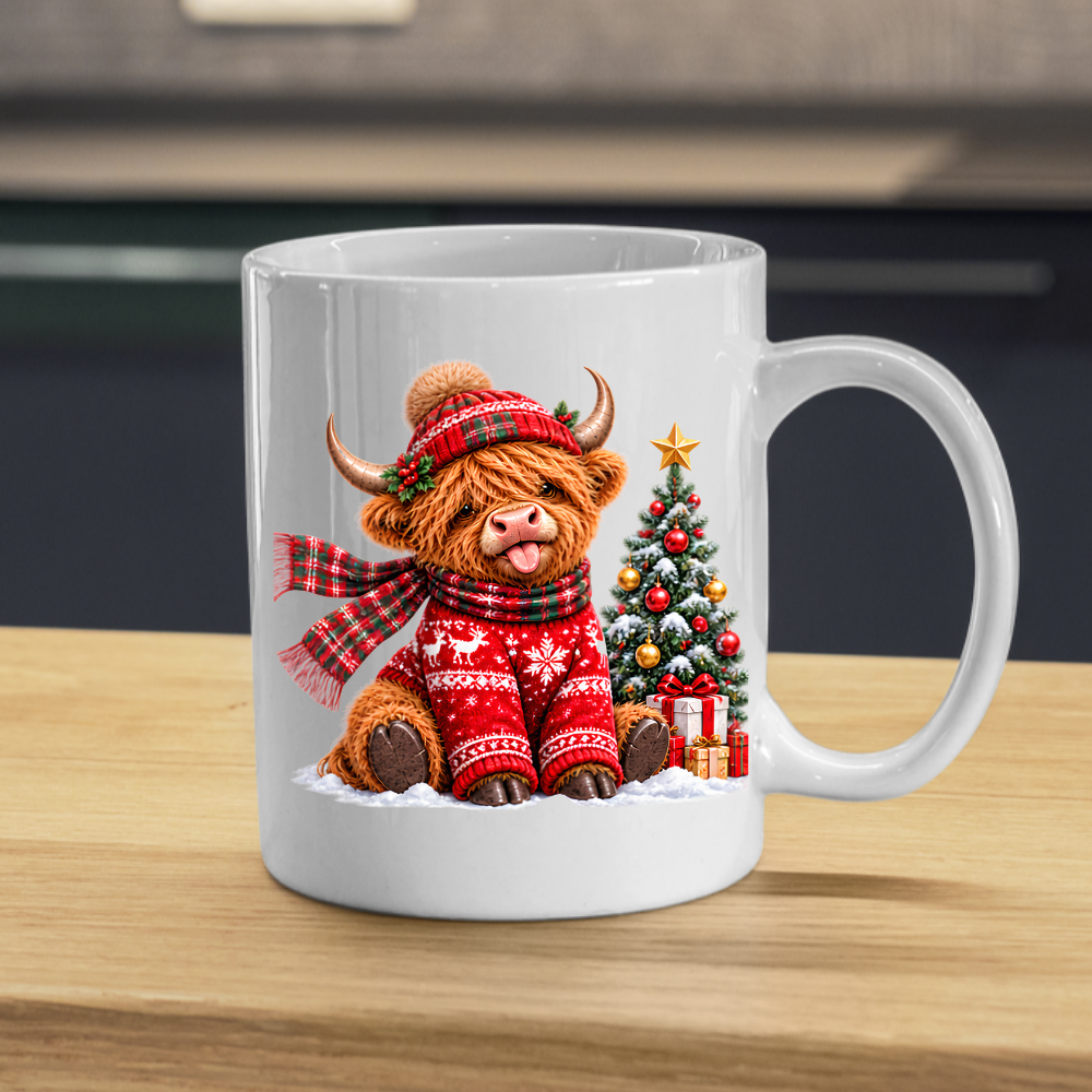 Christmas Mug "Festive Christmas Jumper Highland Cow" Christmas Jumper Highland Cow 325ml Ceramic Coffee Mug – Cute Winter Tea Cup with Christmas Tree Present Graphic Gift | Available in Multicolours | Fast Dispatch by UK Seller (M3172)