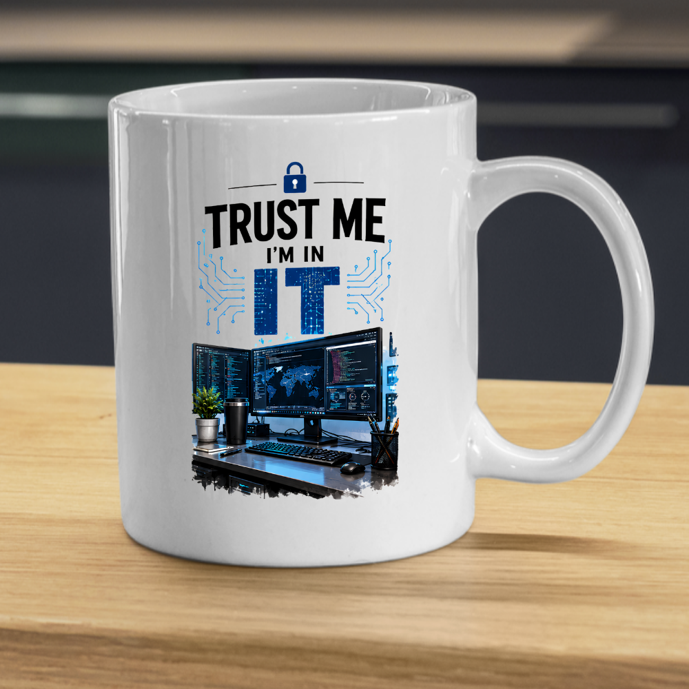 Tech Mug "Trust Me I'm In IT" Trust Me I'm In IT 325ml Ceramic Coffee Mug – Funny IT Specialist Workstation Mug with Multi-Monitor Setup, Lock & Circuit Graphics | Tech Gift | Fast Dispatch by UK Seller (M3333)