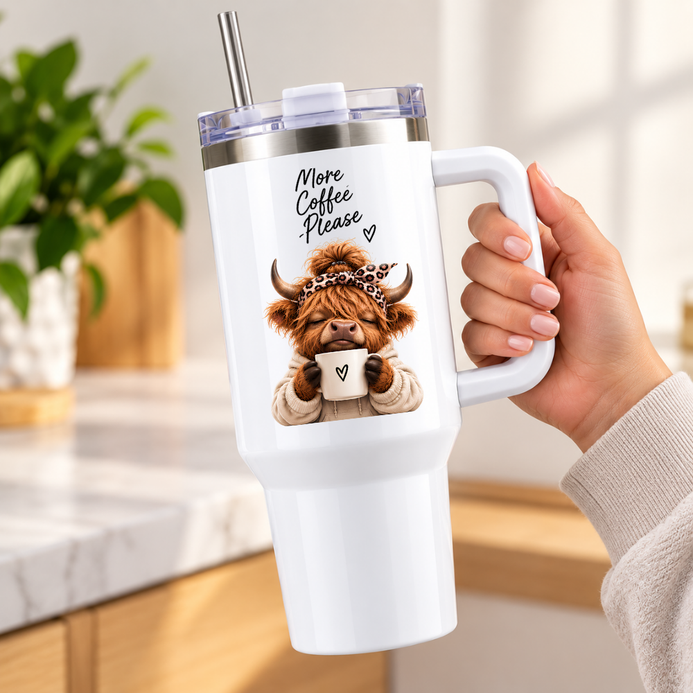 Cute Highland Cow Travel Tumbler "More Coffee Please" Graphic 40oz Stainless Steel Insulated Travel Mug with Handle & Straw – Cozy Cow in Leopard Headband & Cream Hoodie with Coffee Cup Novelty Travel Cup | Fast Dispatch by UK Seller (T3030)