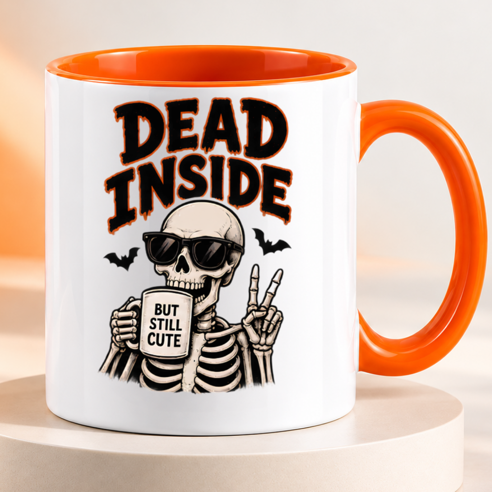 Halloween Mug "Dead Inside But Still Cute Skeleton" Dead Inside But Still Cute Skeleton 325ml Ceramic Coffee Mug – Funny Halloween Autumn Tea Cup With Sunglasses Peace Sign Graphic Gift | Available in Multicolours | Fast Dispatch by UK Seller (M3204)