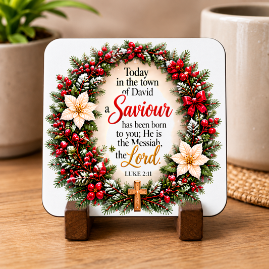 Inspirational Religious Hardboard Coaster "A Saviour Has Been Born To You" Graphic 9cm x 9cm Square Drinks Coaster – Festive Christmas Wreath with Wooden Cross, Poinsettias & Berries Novelty Mat | Christian Glossy Gift | Fast Dispatch by UK Seller (C3036)