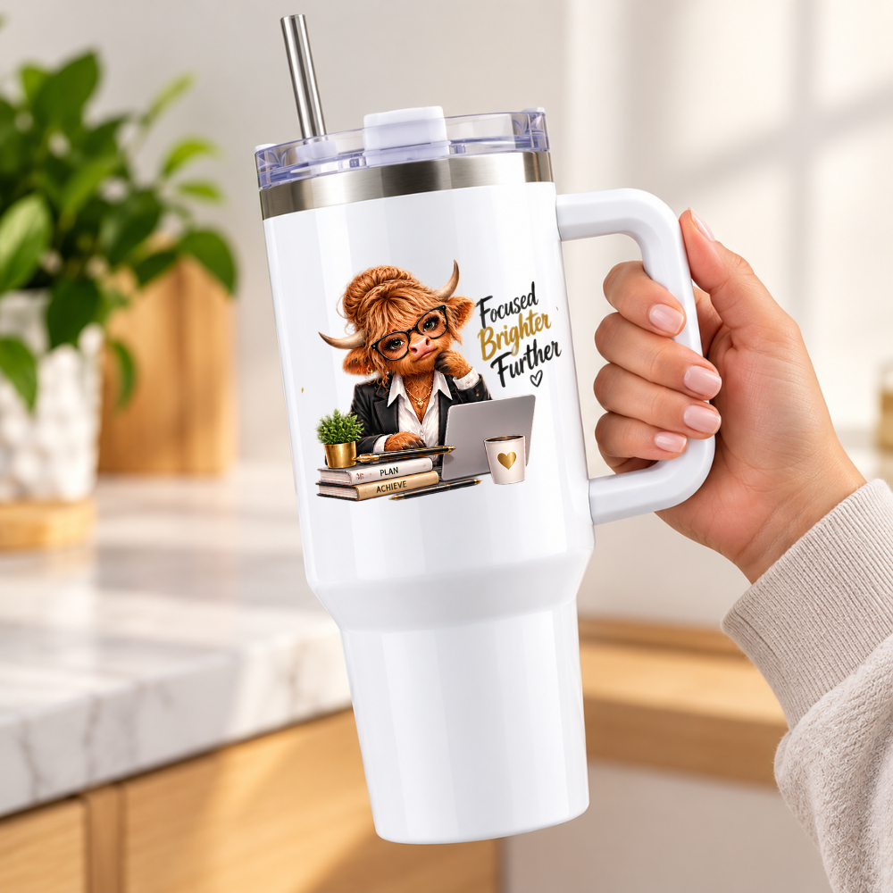 Sassy Highland Cow Travel Tumbler "Focused Brighter Further" Graphic 40oz Stainless Steel Insulated Travel Mug with Handle & Straw – Professional Cow in Suit Jacket, Glasses, Laptop & Coffee Novelty Travel Cup | Fast Dispatch by UK Seller (T3024)