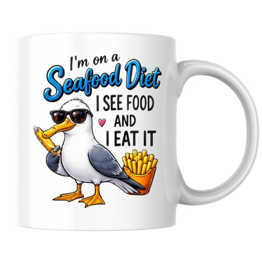 Humorous Mug "I'm On A Seafood Diet I See Food And I Eat It" Funny Seagull 325ml Ceramic Coffee Mug Sassy Beach Bird Tea Cup with Sunglasses, Chips & Ice Lolly Graphic Gift | Available in Multicolours | Fast Dispatch by UK Seller (M1311)