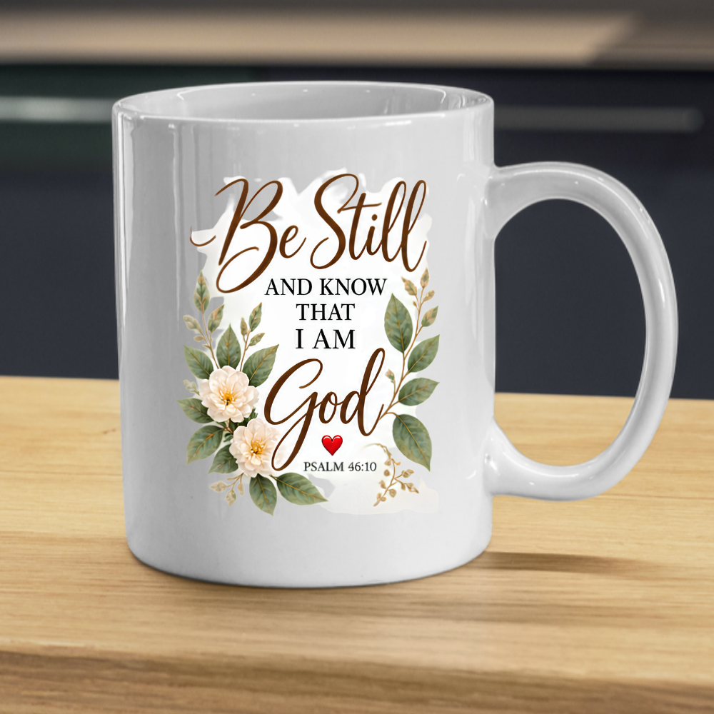 Inspirational Christian Mug "Be Still And Know That I Am God Psalm 46:10" 325ml Ceramic Coffee Mug –Christian Bible Verse Mug With Floral Wreath Leaves Inspirational Gift | Available in Multicolours | Fast Dispatch by UK Seller (M3299)