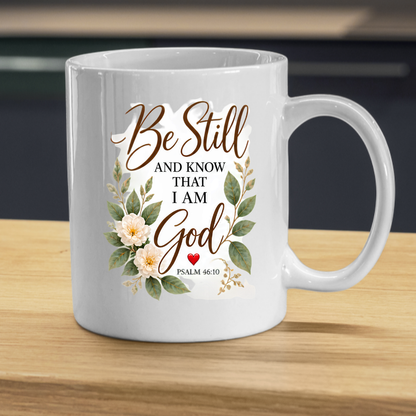 Inspirational Christian Mug "Be Still And Know That I Am God Psalm 46:10" 325ml Ceramic Coffee Mug –Christian Bible Verse Mug With Floral Wreath Leaves Inspirational Gift | Available in Multicolours | Fast Dispatch by UK Seller (M3299)