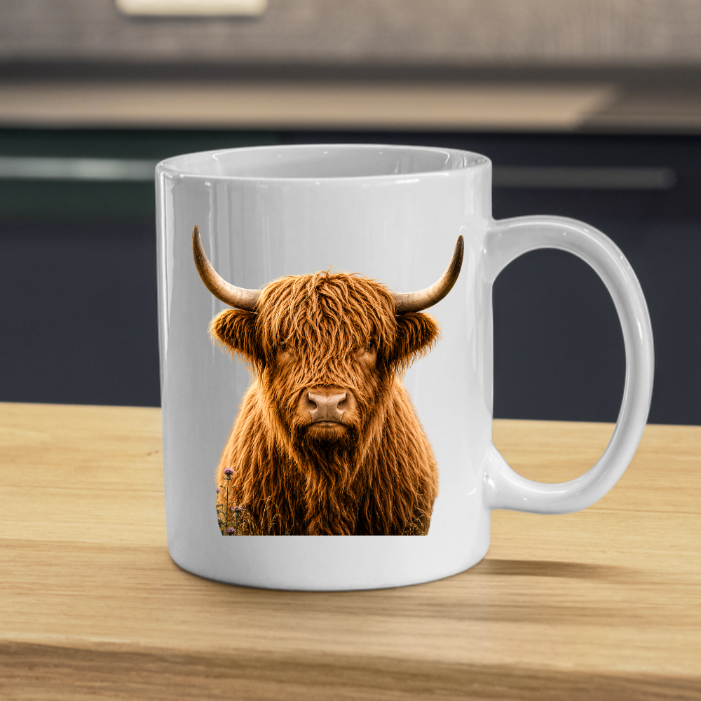 Rustic Mug "Classic Highland Cow" Majestic Highland Cow 325ml Ceramic Coffee Mug Country Wildlife Tea Cup with Horns and Thistle Graphic Gift | Available in Multicolours | Fast Dispatch by UK Seller (M3154)