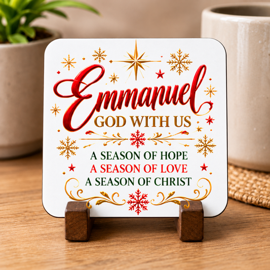 Festive Christian Christmas Coaster "Emmanuel God With Us A Season of Hope A Season of Love A Season of Christ" Graphic Glossy Hardboard 9x9cm Drinks Mat – Red & Golden Script Holiday Tableware Gift | Fast Dispatch by UK Seller (C3056)
