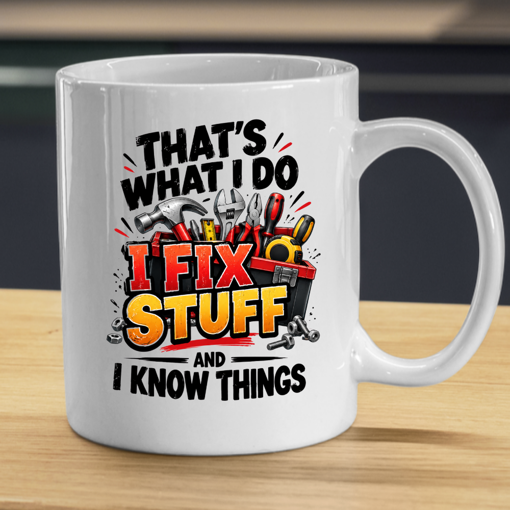 Funny Mug "That's What I Do I Fix Stuff And I Know Things" Handyman Mechanic DIY Repair Coffee Cup, 350ml Ceramic Novelty Gift for Dad Grandad Husband Men, Birthday Christmas Secret Santa Father's Day | Fast Dispatch by UK Seller (M1055)
