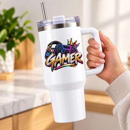 Gamer Headphones & Controller Travel Tumbler "GAMER" Graphic 40oz Stainless Steel Insulated Travel Mug with Handle & Straw – Metallic Neon Headset, Gamepad, Crown & Graffiti Style Text Novelty Travel Cup | Fast Dispatch by UK Seller (T3038)