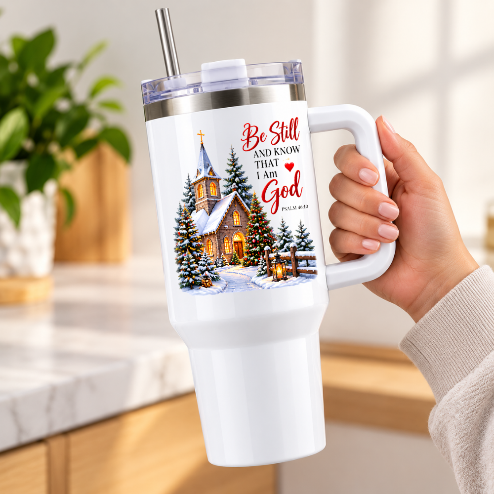 Inspirational Religious Travel Tumbler "Be Still And Know That I Am God" Graphic 40oz Stainless Steel Insulated Travel Mug with Handle & Straw – Snowy Winter Church Village with Illuminated Lantern Novelty Travel Cup | Fast Dispatch by UK Seller (T3011)