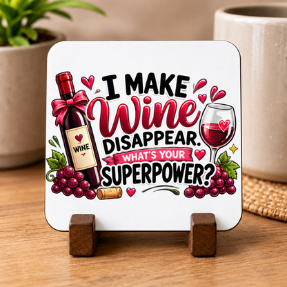 Funny Wine Coaster "I Make Wine Disappear What's Your Superpower?" Graphic Glossy Hardboard 9x9cm Drinks Mat – Wine Bottle, Glass & Grapes Tableware Gift | Fast Dispatch by UK Seller (C3068)