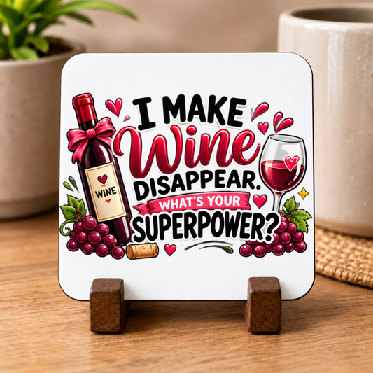 Funny Wine Coaster "I Make Wine Disappear What's Your Superpower?" Graphic Glossy Hardboard 9x9cm Drinks Mat – Wine Bottle, Glass & Grapes Tableware Gift | Fast Dispatch by UK Seller (C3068)