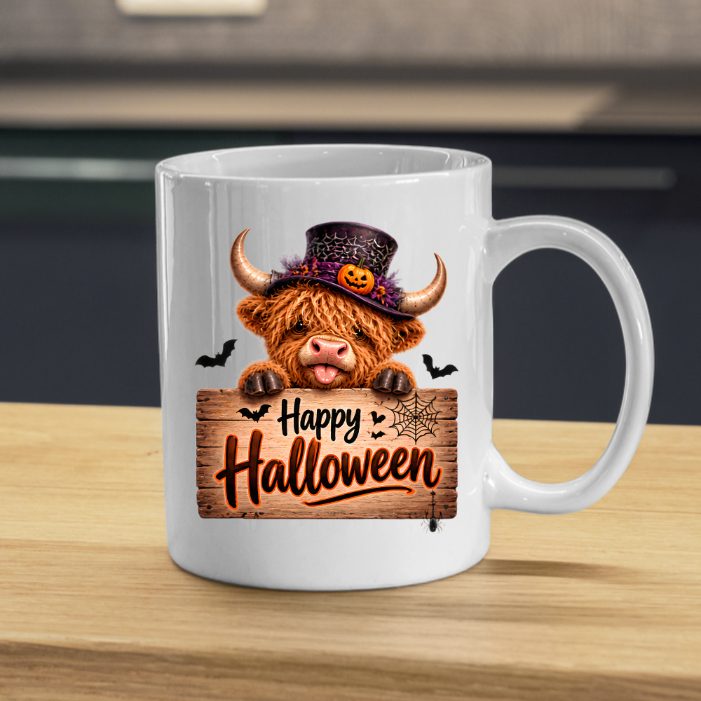 Halloween Mug "Top Hat Wooden Sign Happy Halloween" Top Hat Highland Cow 325ml Ceramic Coffee Mug – Cute Halloween Wooden Sign Tea Cup with Spider Web Graphic Gift | Available in Multicolours | Fast Dispatch by UK Seller (M3166)