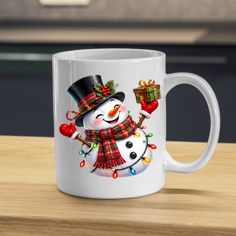 Christmas Mug "Cheerful Snowman Plaid Scarf Gift" Cheerful Snowman 325ml Ceramic Coffee Mug – Festive Christmas Tea Cup with Plaid Scarf, Top Hat Christmas Lights Gift Graphic Gift | Available in Multicolours | Fast Dispatch by UK Seller (M3184)