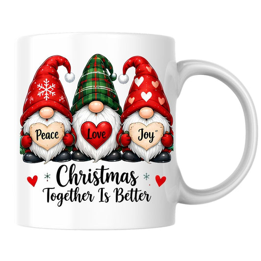 Festive Mug "Peace Love Joy" Trio Gnomes 325ml Ceramic Coffee Mug Christmas Together Is Better Holiday Tea Cup with Hearts & Plaid Hat | Available in Multicolours | Fast Dispatch by UK Seller (M1271)