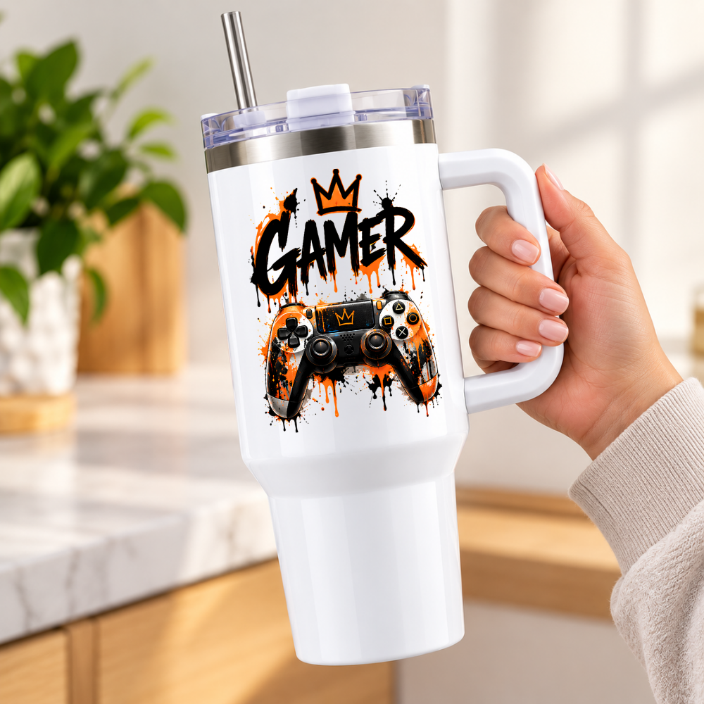 Cool Gaming Travel Tumbler "Gamer" Graphic 40oz Stainless Steel Insulated Travel Mug with Handle & Straw – Orange & Black Paint Drip Controller, Graffiti Crown Novelty Gift for Gamers | Fast Dispatch by UK Seller (T3063)