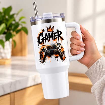 Cool Gaming Travel Tumbler "Gamer" Graphic 40oz Stainless Steel Insulated Travel Mug with Handle & Straw – Orange & Black Paint Drip Controller, Graffiti Crown Novelty Gift for Gamers | Fast Dispatch by UK Seller (T3063)