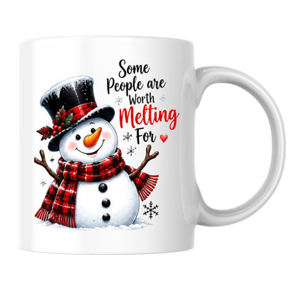 Heartwarming Mug "Some People Are Worth Melting For" Snowman 325ml Ceramic Coffee Mug Cute Winter Holiday Tea Cup with Red Plaid Scarf & Quote Gift | Available in Multicolours | Fast Dispatch by UK Seller (M1246)