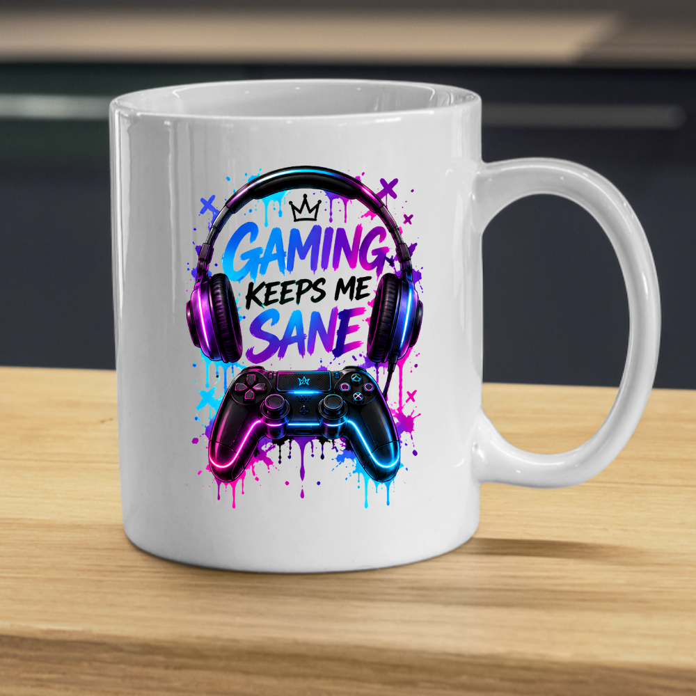 Gaming Mug "Gaming Keeps Me Sane" Gaming Keeps Me Sane 325ml Ceramic Coffee Mug – Neon Headset & Controller Mug with Blue and Pink Paint Splatter Art | Gamer Gift | Fast Dispatch by UK Seller (M3345)