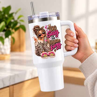 Sassy Leopard Print Travel Tumbler "Too Sassy For Your Negative Energy" Graphic 40oz Stainless Steel Insulated Travel Mug with Handle & Straw â€“ Fashion Girl with Peace Sign, Sunglasses & Slippers Novelty Travel Cup | Fast Dispatch by UK Seller (T3005)