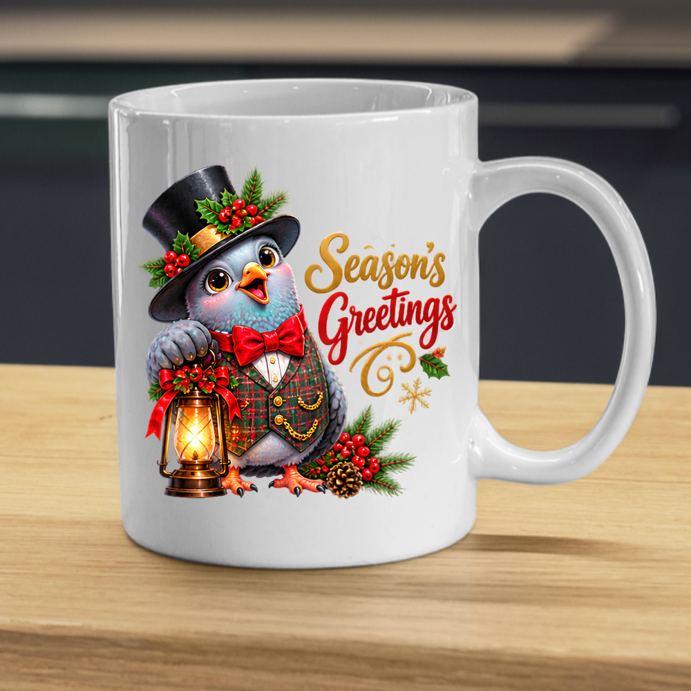 Holiday Mug "Season's Greetings Gentleman Bird" 325ml Ceramic Coffee Mug – Dapper Victorian Christmas Bird in Top Hat & Plaid Vest Holding Vintage Lantern Festive Holiday Gift | Available in Multicolours | Fast Dispatch by UK Seller (M3267)