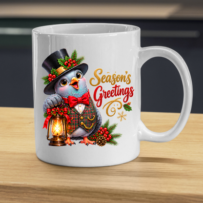 Holiday Mug "Season's Greetings Gentleman Bird" 325ml Ceramic Coffee Mug – Dapper Victorian Christmas Bird in Top Hat & Plaid Vest Holding Vintage Lantern Festive Holiday Gift | Available in Multicolours | Fast Dispatch by UK Seller (M3267)
