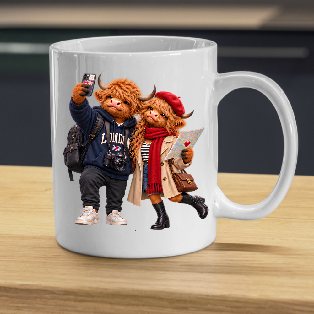 Fashion Mug "London Tourist Highland Cow Couple" London Tourist Highland Cow Couple 325ml Ceramic Coffee Mug – Trendy Sightseeing Tea Cup With Smartphone Selfie Map Hoodie Graphic Gift | Available in Multicolours | Fast Dispatch by UK Seller (M3190)