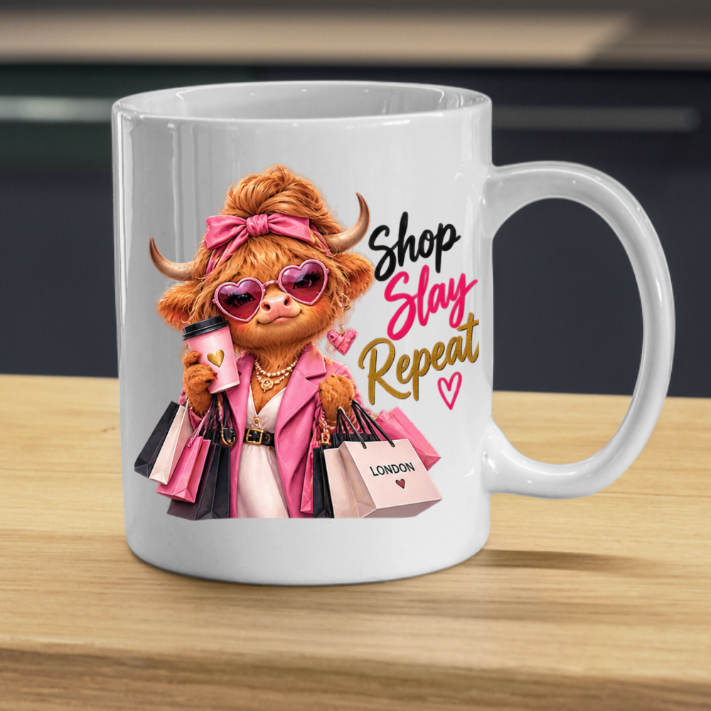 Shopping Mug "Shop Slay Repeat Highland Cow" Shop Slay Repeat Highland Cow 325ml Ceramic Coffee Mug – Glamorous Pink Fashion Shopping Tea Cup With Heart Sunglasses Coffee Graphic Gift | Available in Multicolours | Fast Dispatch by UK Seller (M3196)