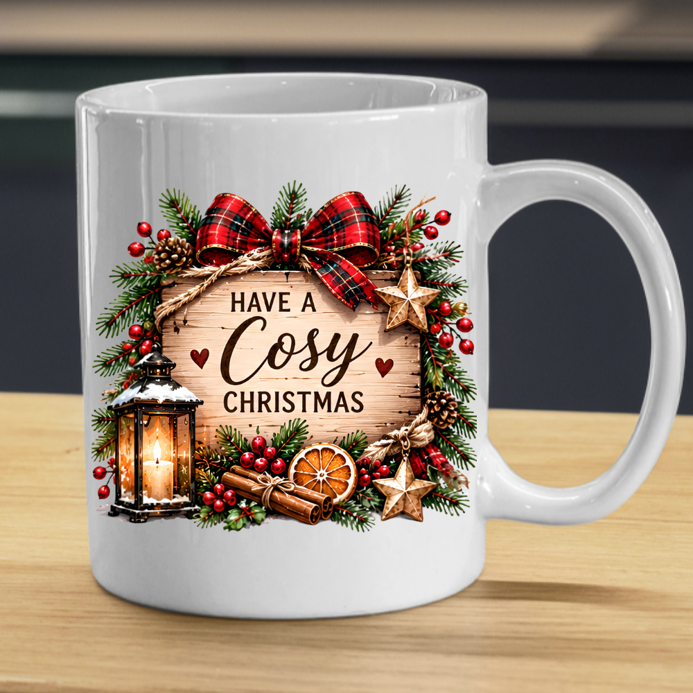 Rustic Wood Sign Christmas Mug "Have A Cosy Christmas" Have A Cosy Christmas 325ml Ceramic Coffee Mug – Rustic Wooden Plaque with Pine Wreath, Red Tartan Bow, Glowing Lantern & Cinnamon Sticks | Festive Holiday Gift | Fast Dispatch by UK Seller (M3438)