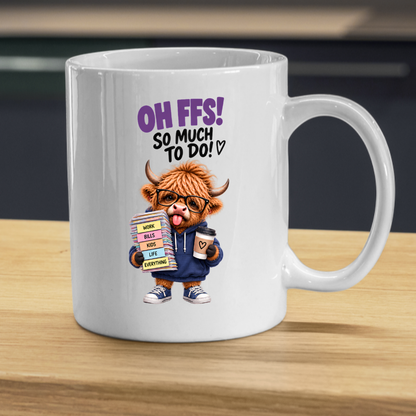 Highland Cow To-Do List Mug "Oh FFS! So Much To Do!" Oh FFS! So Much To Do! 325ml Ceramic Coffee Mug – Cute Highland Cow in Glasses & Hoodie carrying Paper Stack & Coffee Cup | Funny Work Gift | Fast Dispatch by UK Seller (M3387)