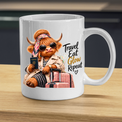 Travel Mug "Travel Eat Glow Repeat Highland Cow" Travel Eat Glow Repeat 325ml Ceramic Coffee Mug – Chic Highland Cow with Passport, Pink Suitcase Trench Coat Wanderlust Holiday Gift | Available in Multicolours | Fast Dispatch by UK Seller (M3279)