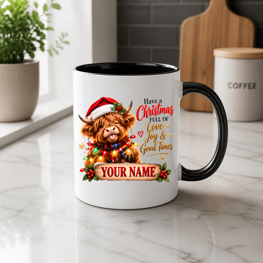 Personalised Christmas Mug "Have A Christmas Full Of Love, Joy & Good Times" 325ml Ceramic Coffee Tea Cup – Santa Hat Highland Cow, Fairy Lights, Custom Name & Festive Slogan Novelty Gift for Bestie, Women, Holiday – Fast Dispatch by UK Seller (M3517)