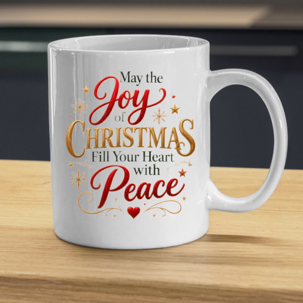 Christmas Mug "May The Joy Of Christmas Fill Your Heart With Peace" 325ml Ceramic Coffee Mug Festive Typography Mug With Gold Stars Snowflakes Holiday Gift | Available in Multicolours | Fast Dispatch by UK Seller (M3313)