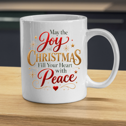 Christmas Mug "May The Joy Of Christmas Fill Your Heart With Peace" 325ml Ceramic Coffee Mug Festive Typography Mug With Gold Stars Snowflakes Holiday Gift | Available in Multicolours | Fast Dispatch by UK Seller (M3313)
