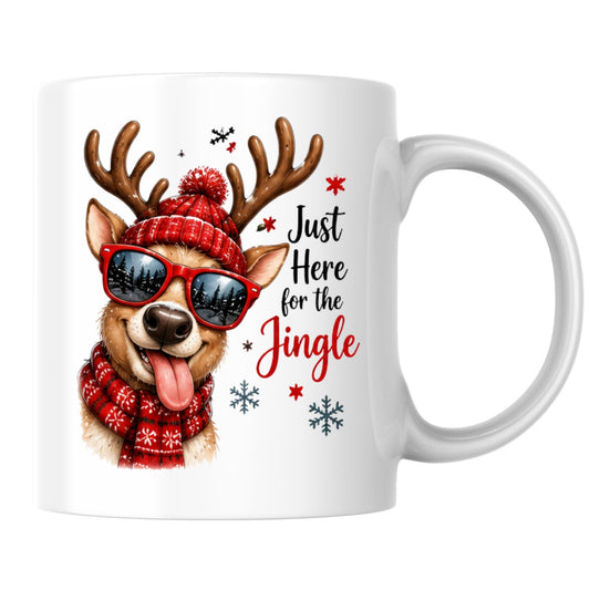 Fun Mug "Just Here for the Jingle" Reindeer 325ml Ceramic Coffee Mug Cool Winter Holiday Tea Cup with Sunglasses, Red Beanie & Scarf Gift | Available in Multicolours | Fast Dispatch by UK Seller (M1260)