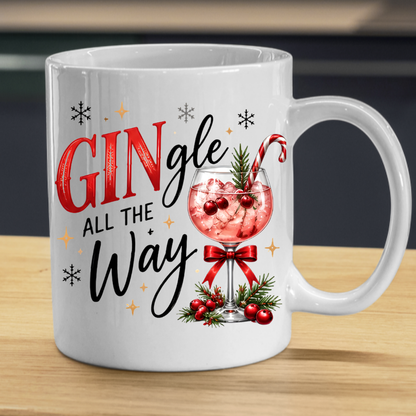 Christmas Gin Cocktail Mug "Gingle All The Way" Gingle All The Way 325ml Ceramic Coffee Mug – Festive Gin Cocktail with Candy Cane, Pine & Berries Graphic | Holiday Gift | Fast Dispatch by UK Seller (M3397)