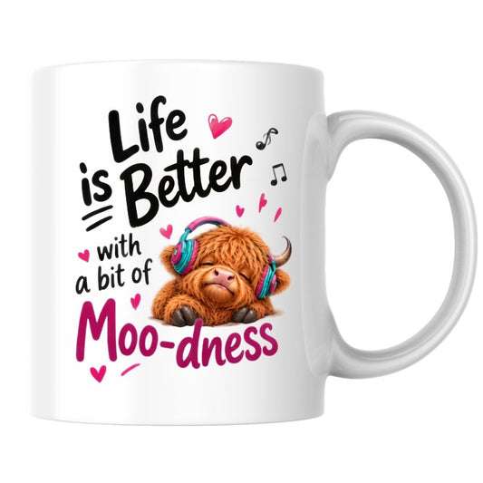 Inspiring Mug "Life is Better with a bit of Moo-dness" Highland Cow 325ml Ceramic Coffee Mug Cute Animal Tea Cup with Headphones, Music Notes & Hearts Gift | Available in Multicolours | Fast Dispatch by UK Seller (M1290)