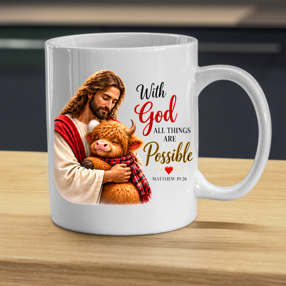 Religious Christmas Mug "With God All Things Are Possible" Highland Cow With God All Things Are Possible 325ml Ceramic Coffee Mug – Christian Jesus Hugging Highland Cow Scripture Mug with Matthew 19:26 | Religious Gift | Fast Dispatch by UK Seller (M3353)